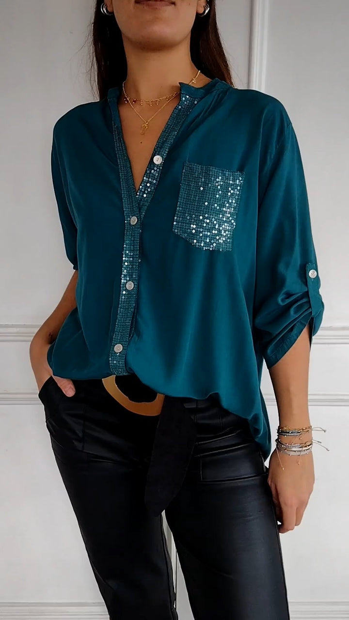 Elegant Women's Sequin Button-Down Shirt
