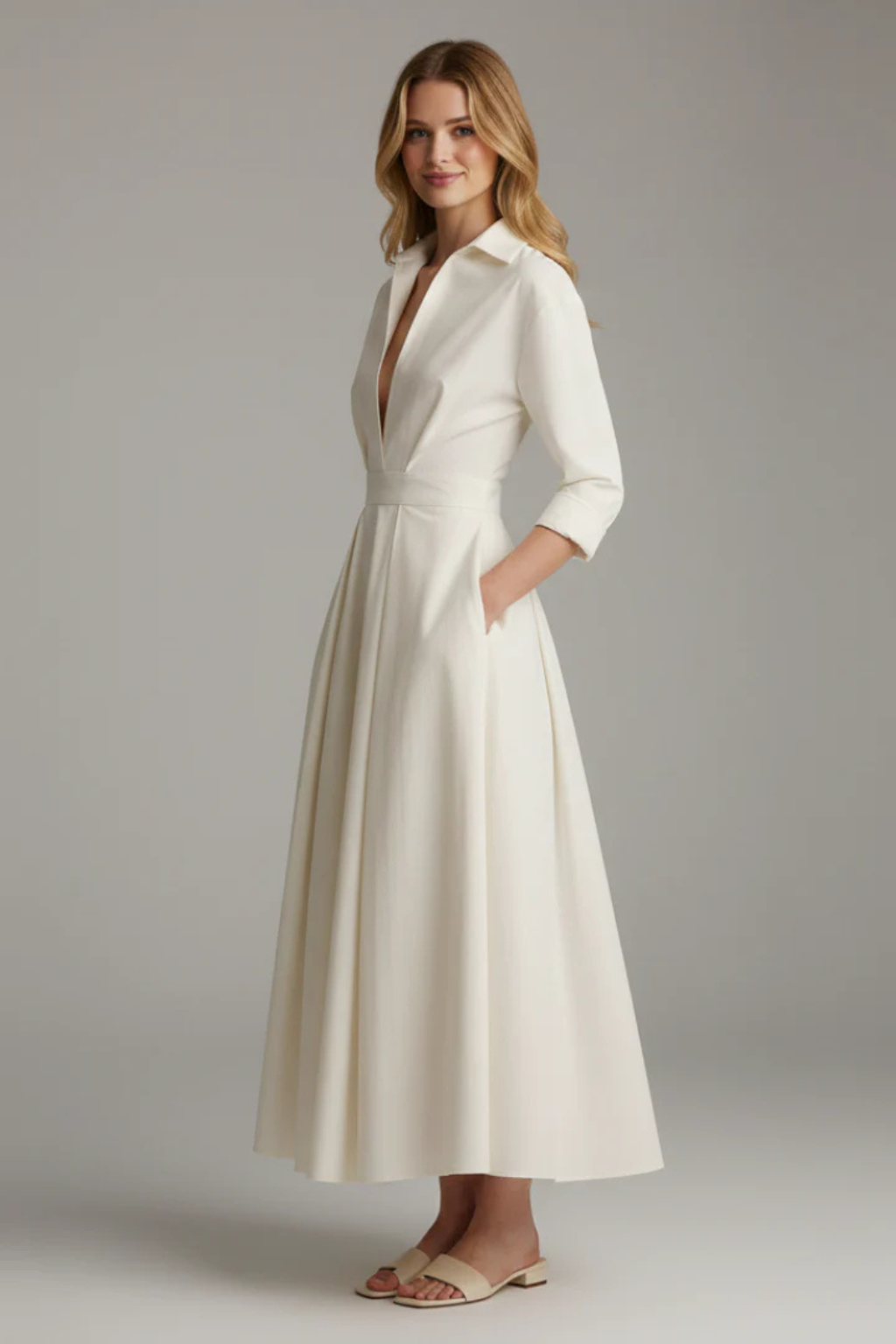 Robe Maxi Cintrée Boutons et Col Femme