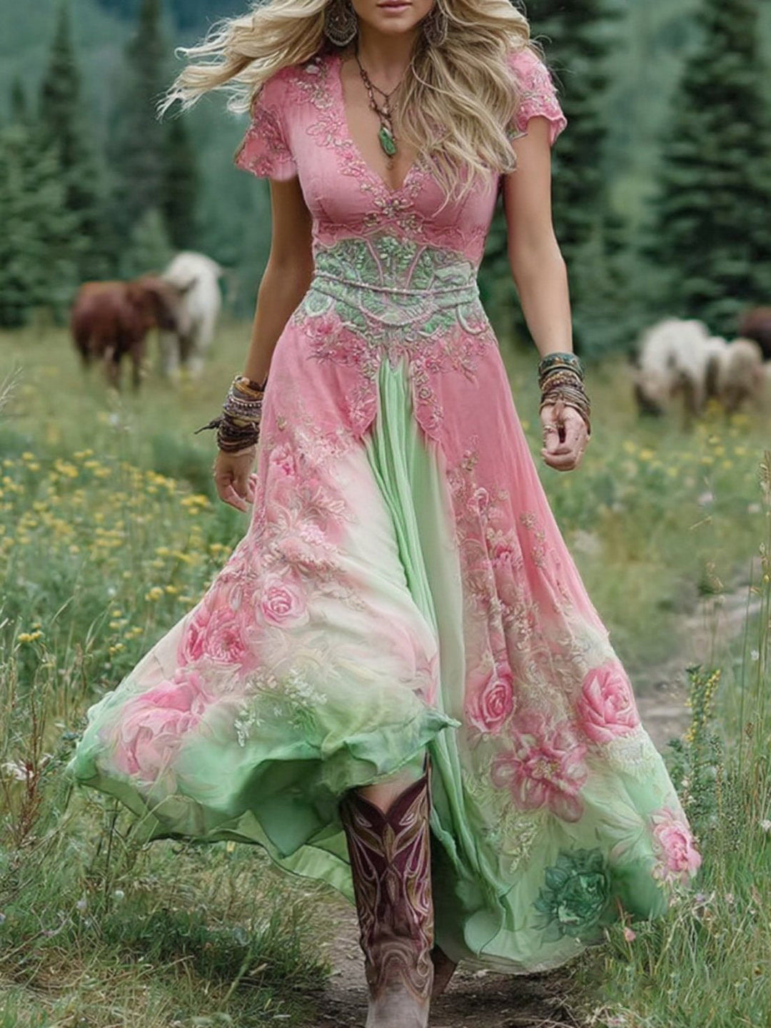 Robe Maxi Bohème Fleurie Femme Col V
