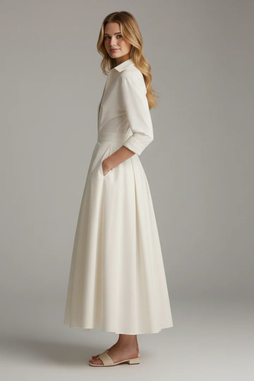 Robe Maxi Cintrée Boutons et Col Femme