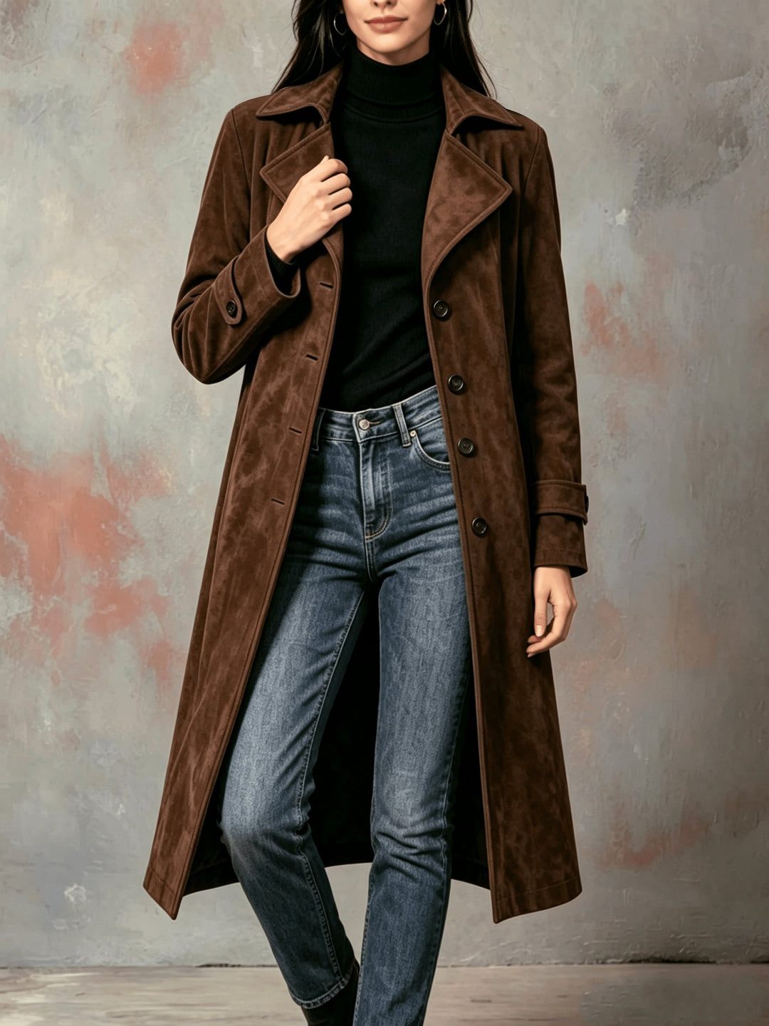 Gabardina larga para mujer de ante de inspiración vintage