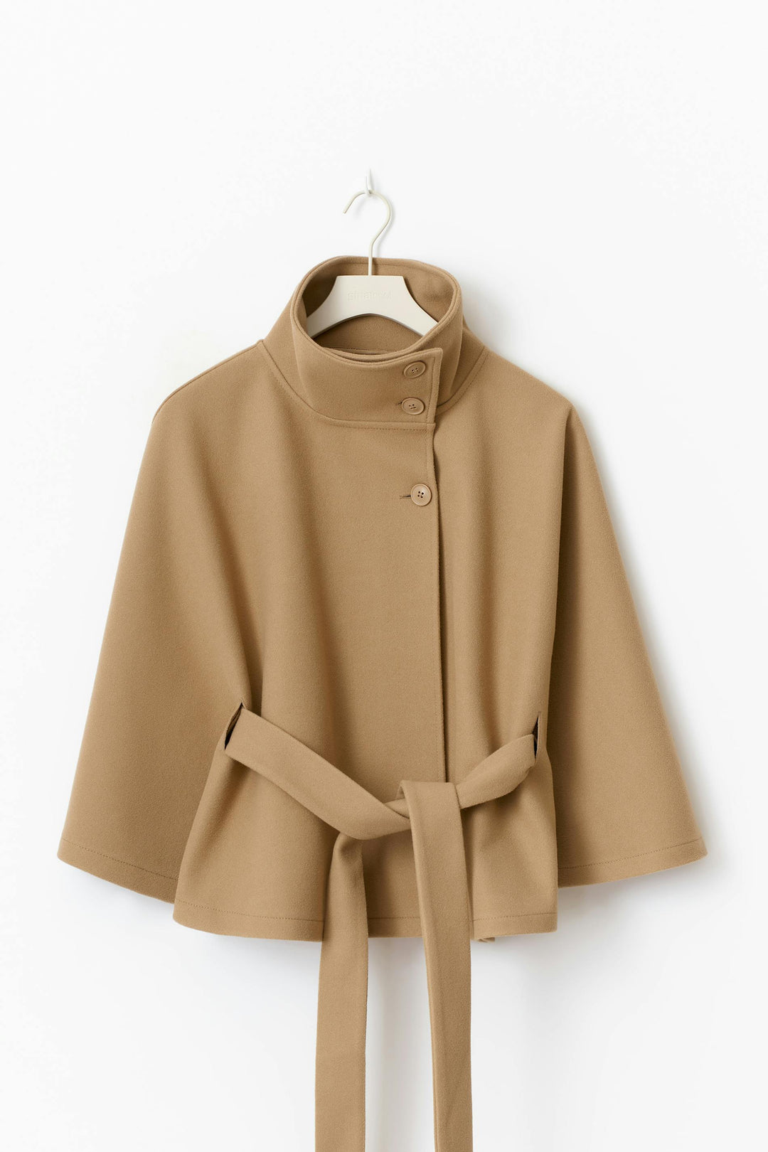 Belted cape coat with a stand-up collar for women