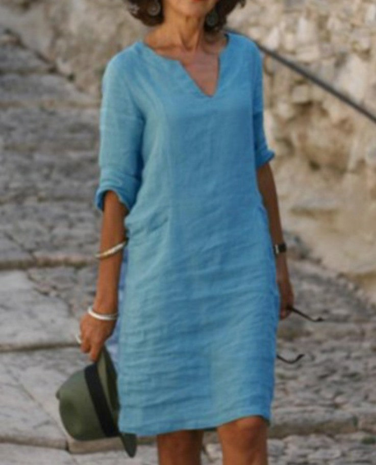 Robe Midi Femme Col V Manches 3/4