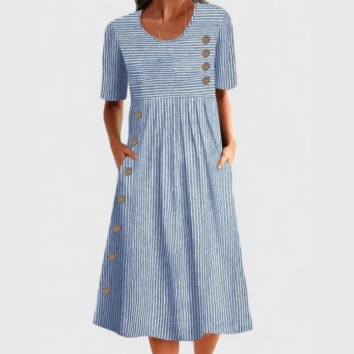 Robe Midi Rayée Femme Coupe Fluide Boutons