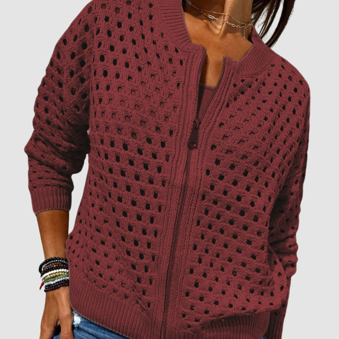 Cardigan Zippé en Maille Ajourée Pour Femme