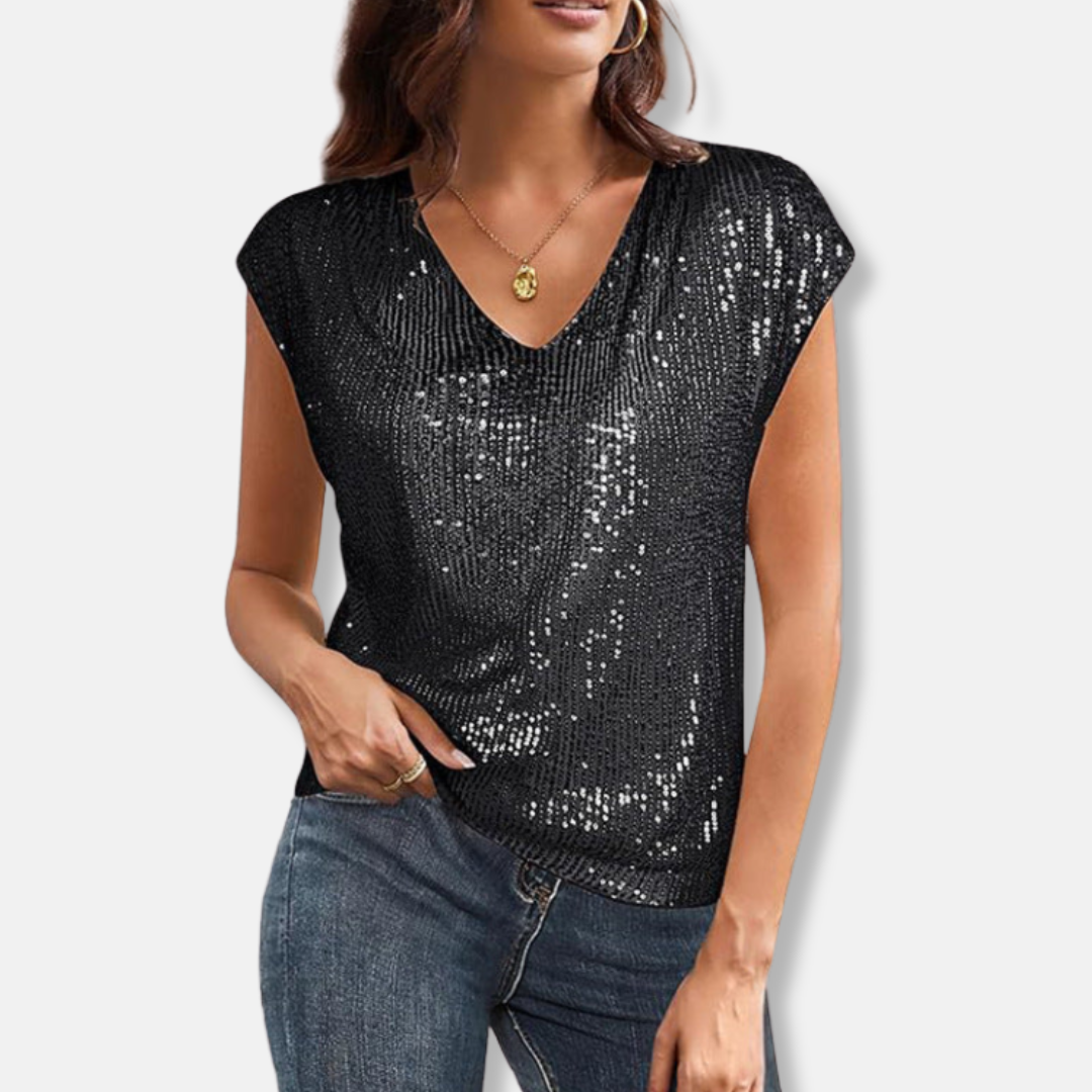 Top Pailleté Col V Femme Manches Courtes