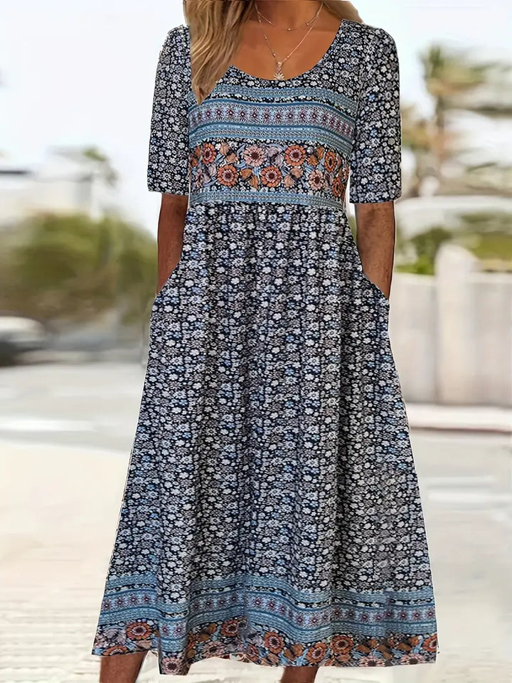 Robe Midi Bohème Imprimée Femme Manches Mi-Longues