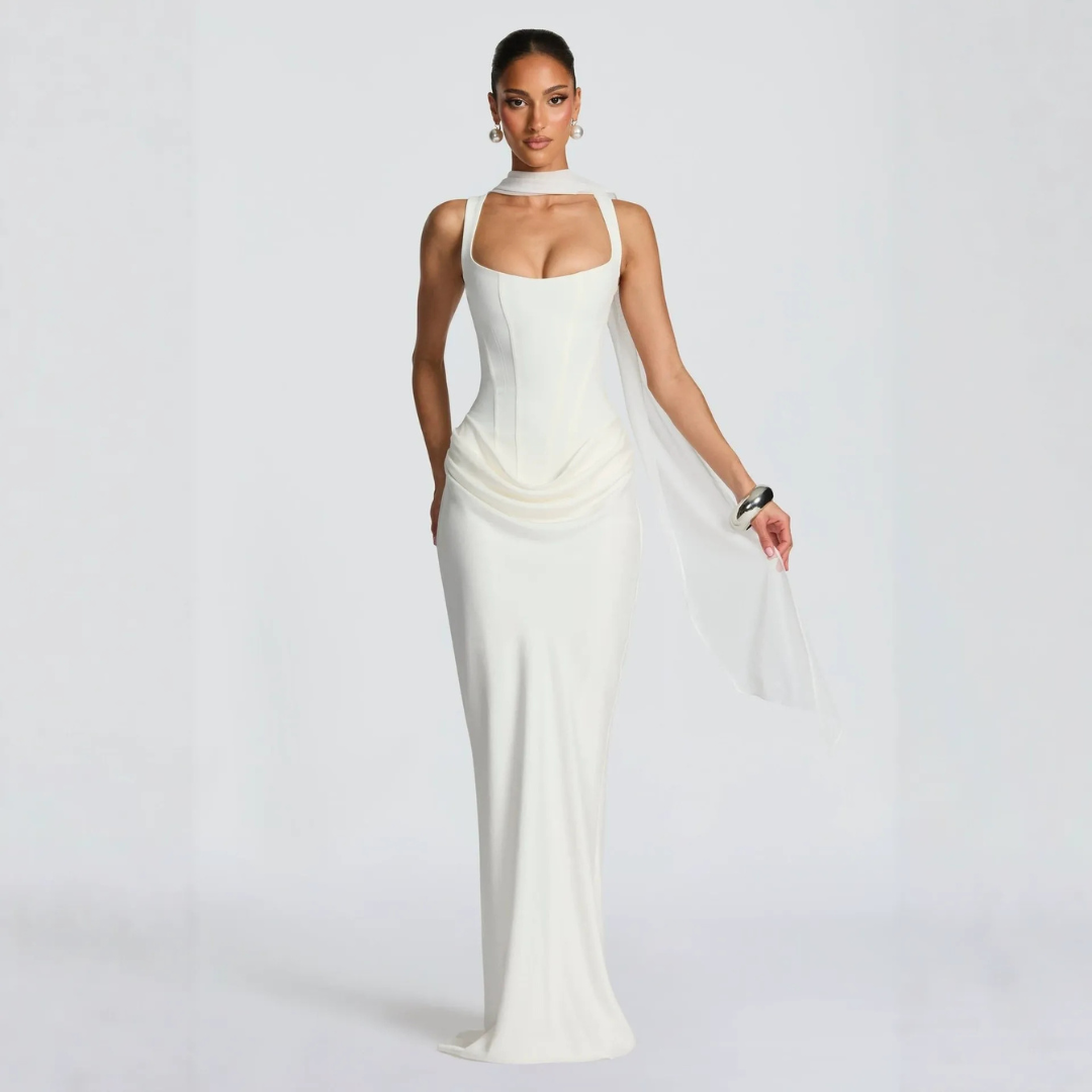 Robe Maxi Drapée Femme Col Carré Soirée