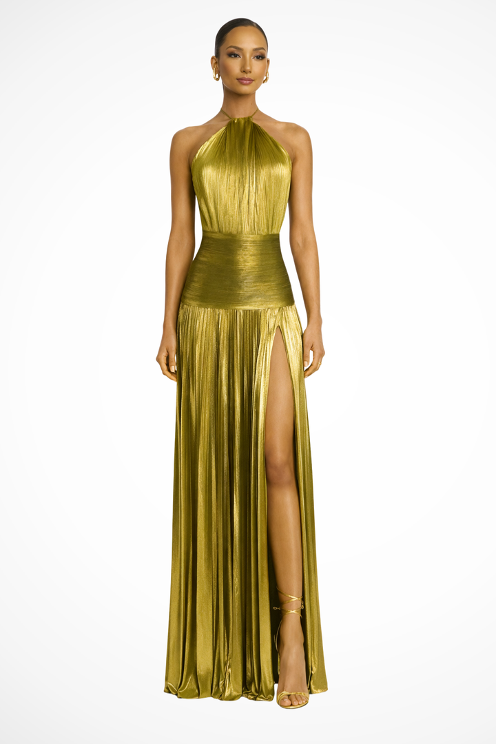 Robe Longue Satin Femme Col Halter Plissée
