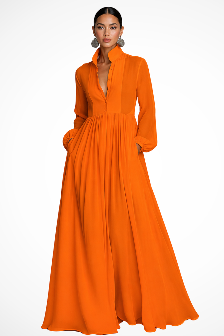 Robe Longue Boutonnée Femme Manches Longues Poches