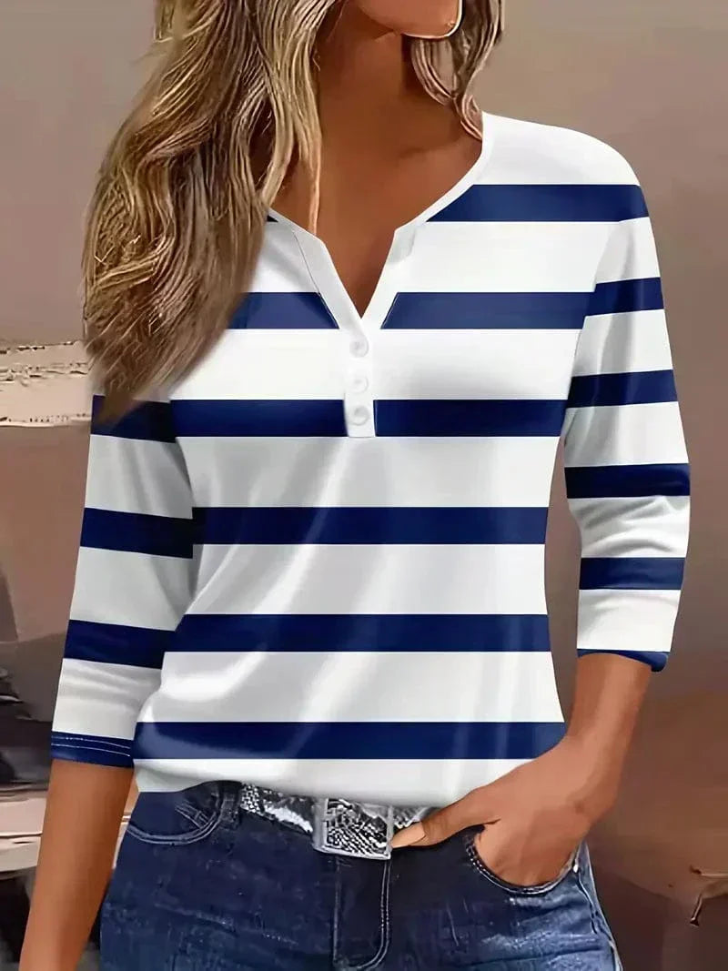 Top Rayé Encolure V Manches Trois-Quarts Femme