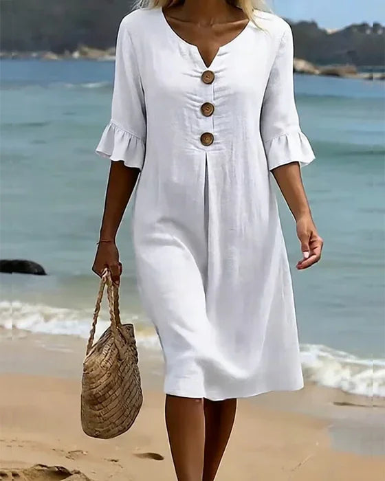Robe Courte Femme Boutons Décoratifs Manches Volantées