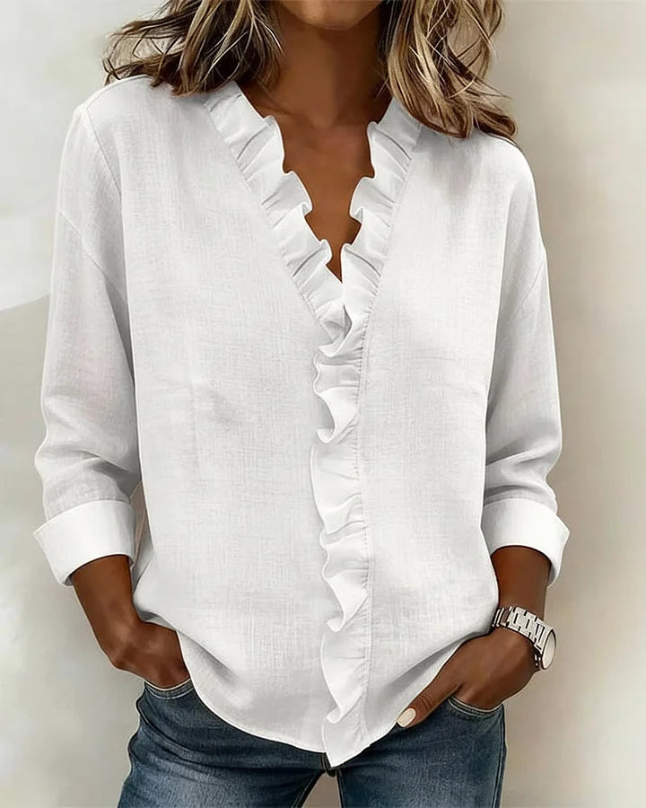 Women's V-neck blouse with ruffles and long sleeves