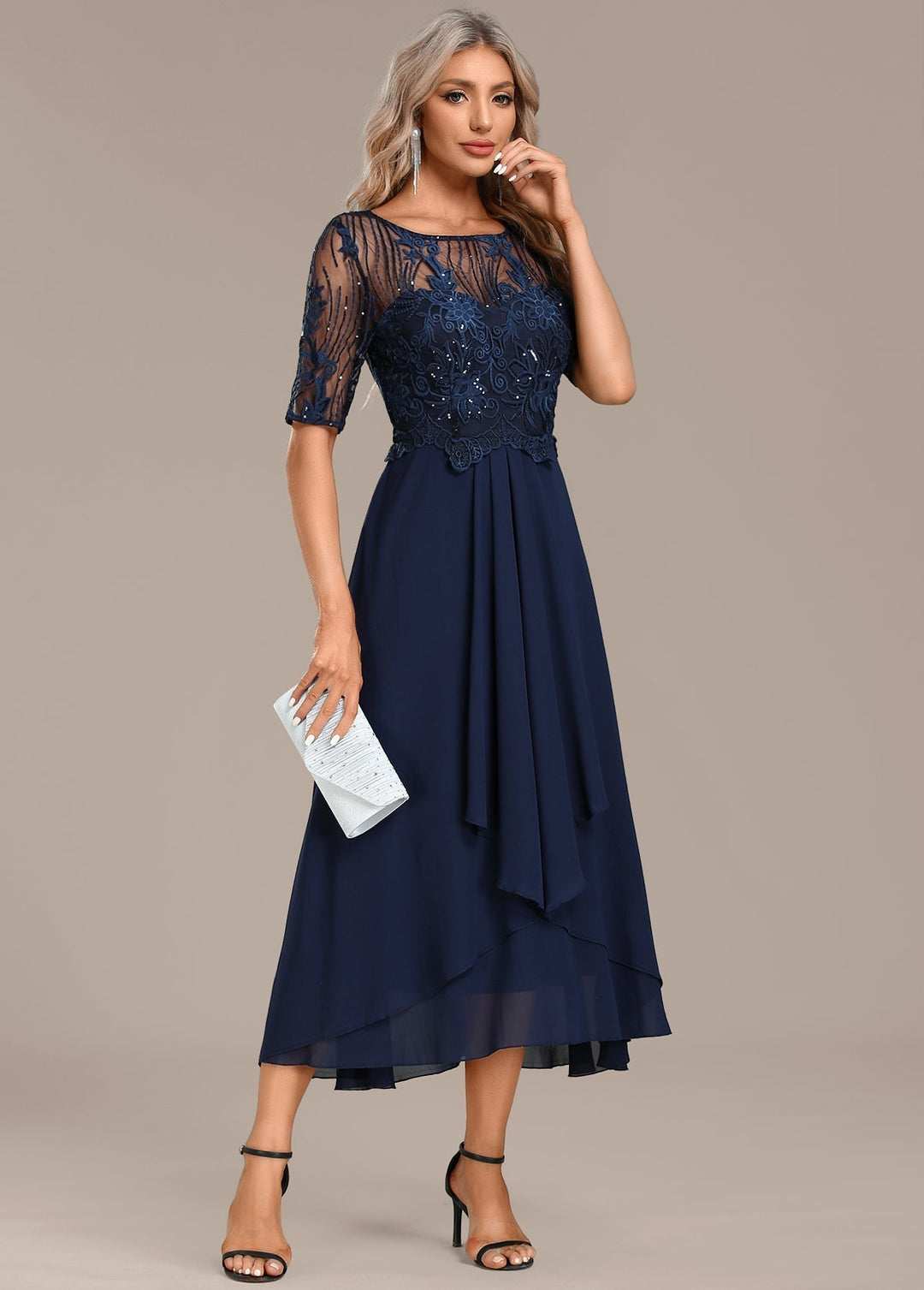 Robe Midi Élégante Pour Femme Avec Corsage en Dentelle