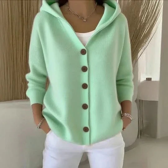 Women's Hooded Knit Cardigan with Front Buttons