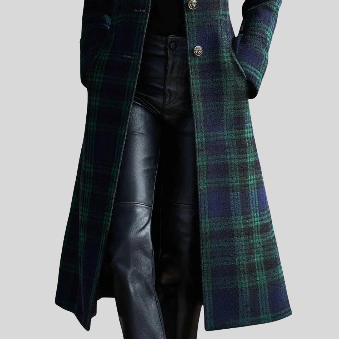 Women's Long Tartan Check Coat with Front Button Closure