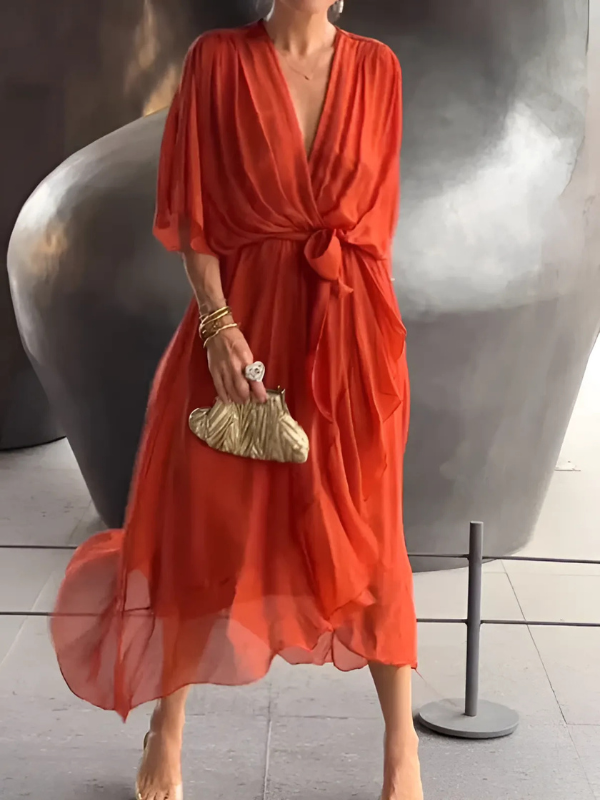 Robe Midi Fluide Femme Col V Taille Ceinturée