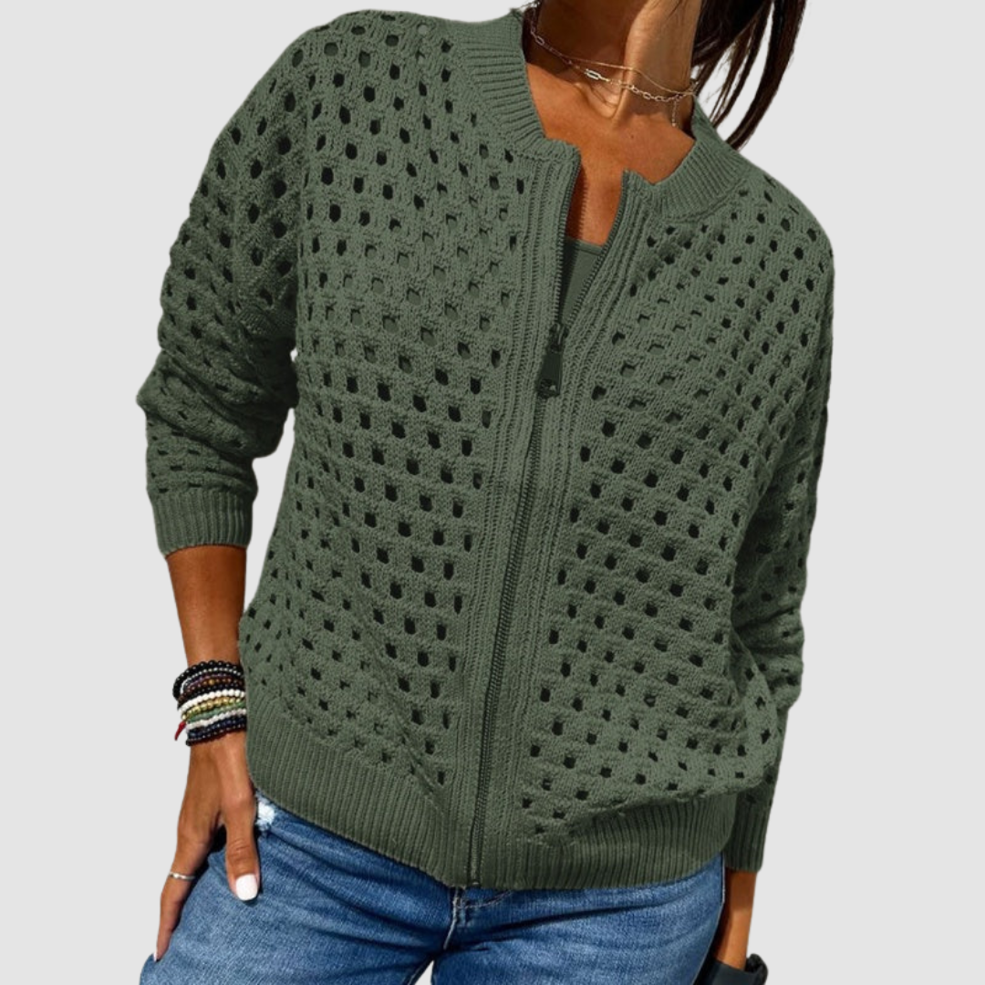 Cardigan Zippé en Maille Ajourée Pour Femme