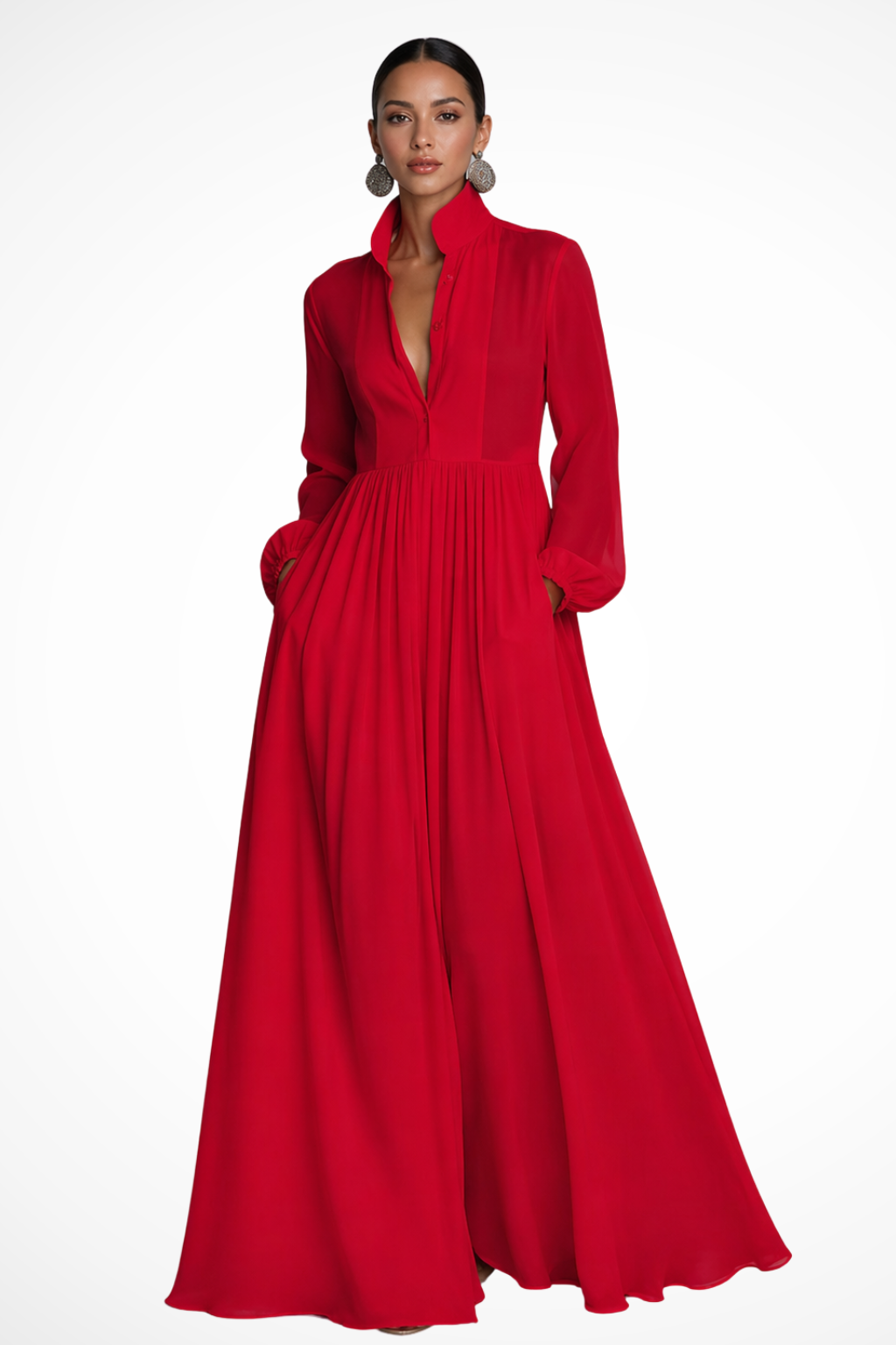 Robe Longue Boutonnée Femme Manches Longues Poches