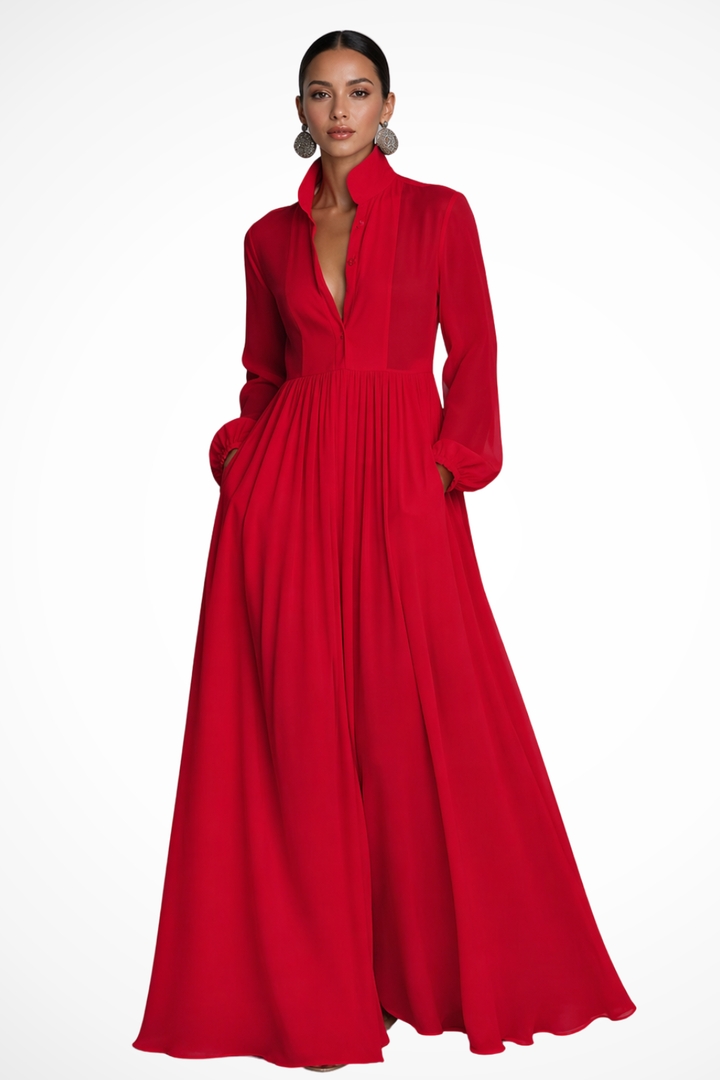 Robe Longue Boutonnée Femme Manches Longues Poches