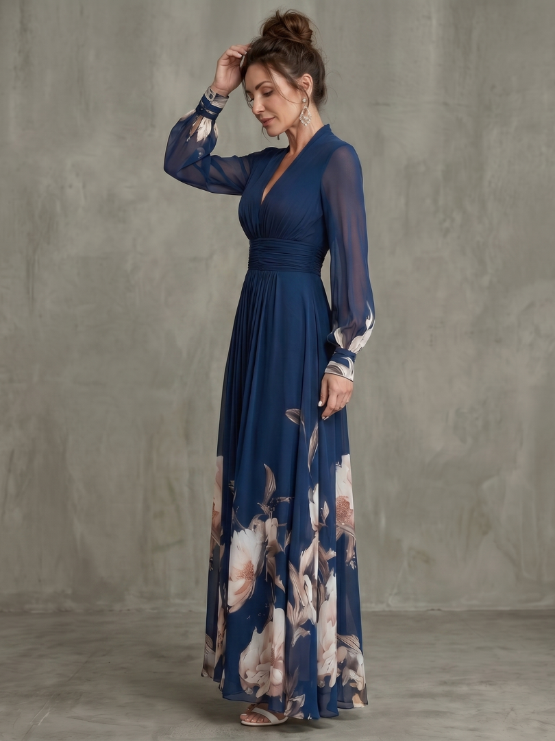 Robe Maxi Femme Manches Plissées Transparentes