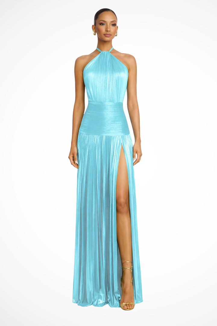 Robe Longue Satin Femme Col Halter Plissée