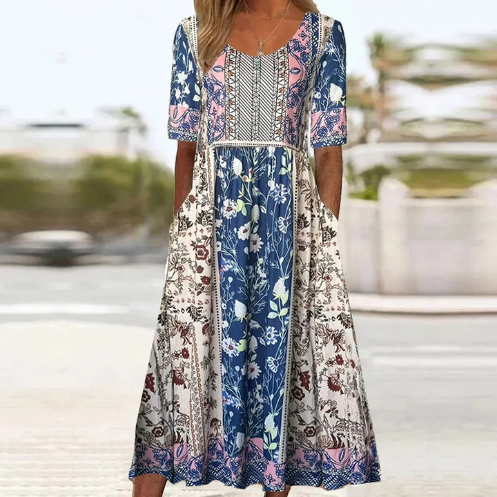 Robe Midi Bohème Imprimée Femme Manches Mi-Longues