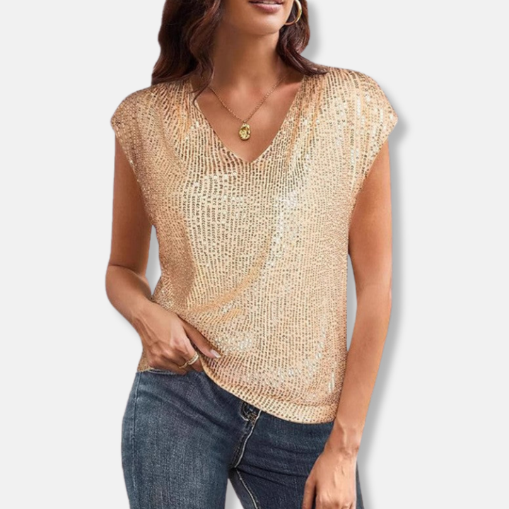 Top Pailleté Col V Femme Manches Courtes