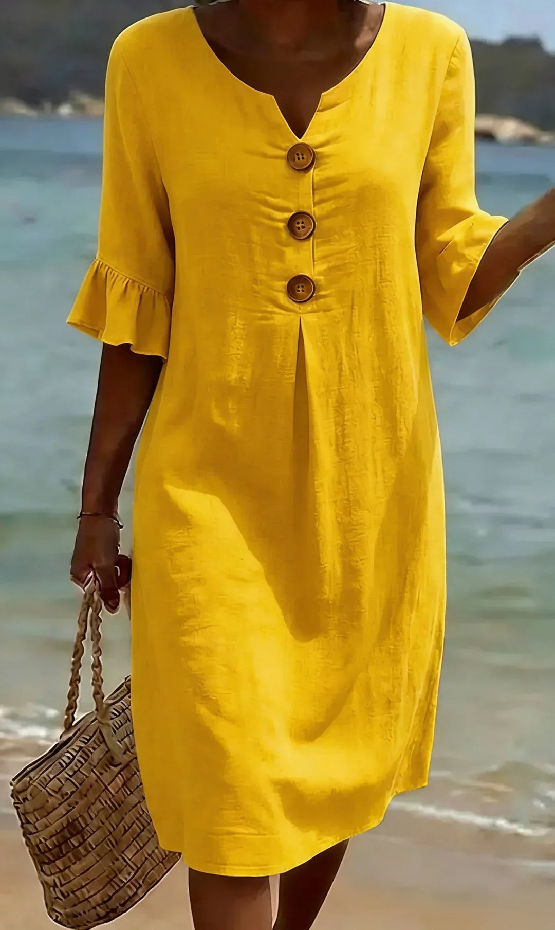 Robe Courte Femme Boutons Décoratifs Manches Volantées
