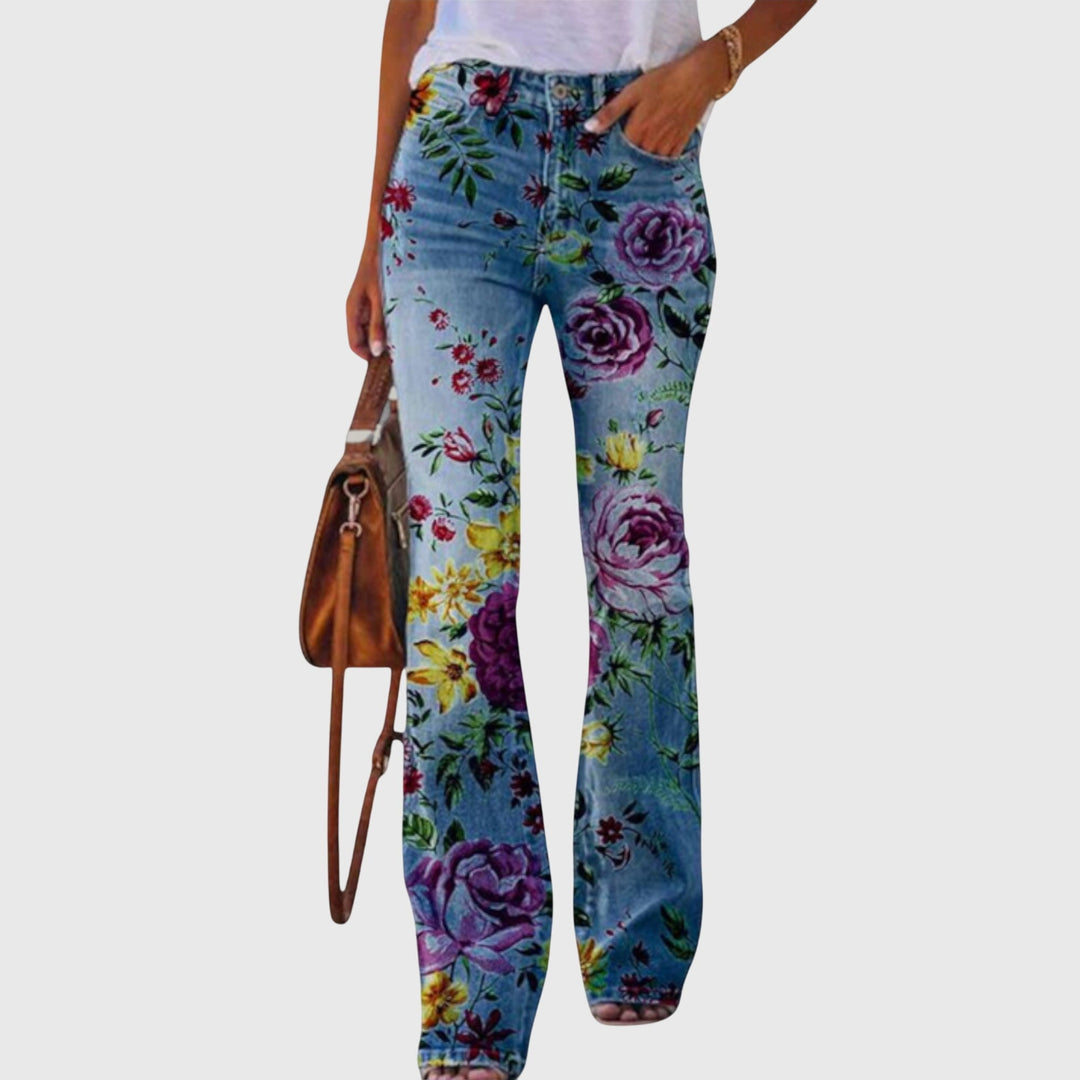 Flared jeans til dame med blomstermønster