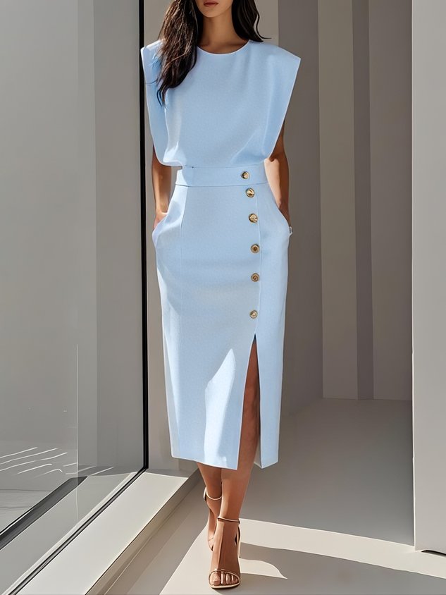 Robe Midi Femme Sans Manches Boutons Décoratifs