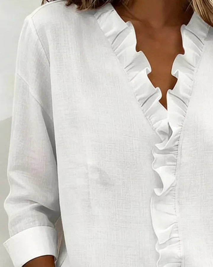 Women's V-neck blouse with ruffles and long sleeves