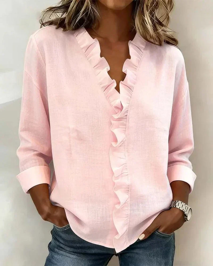 Women's V-neck blouse with ruffles and long sleeves