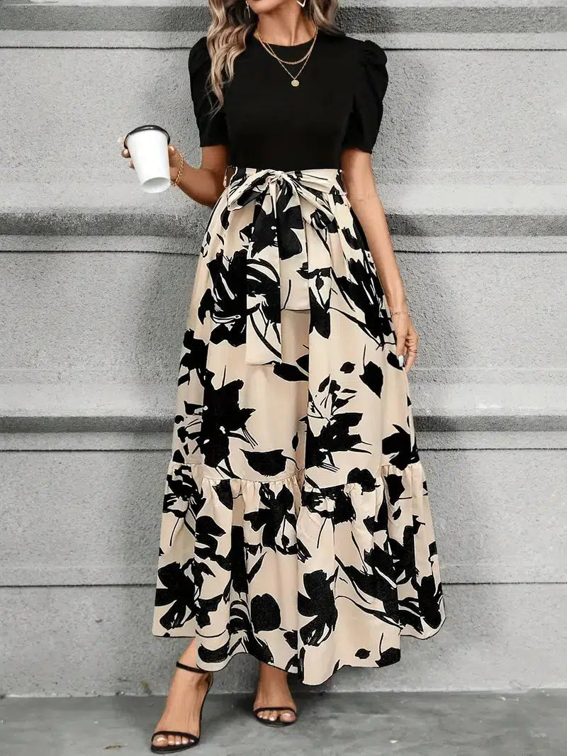 Robe Longue Fleurie Femme Taille Nouée Cérémonie