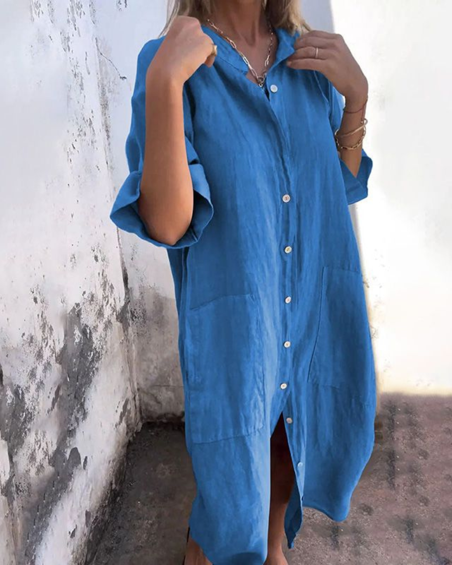 Robe Chemise Longue Boutonnée Femme Décontractée