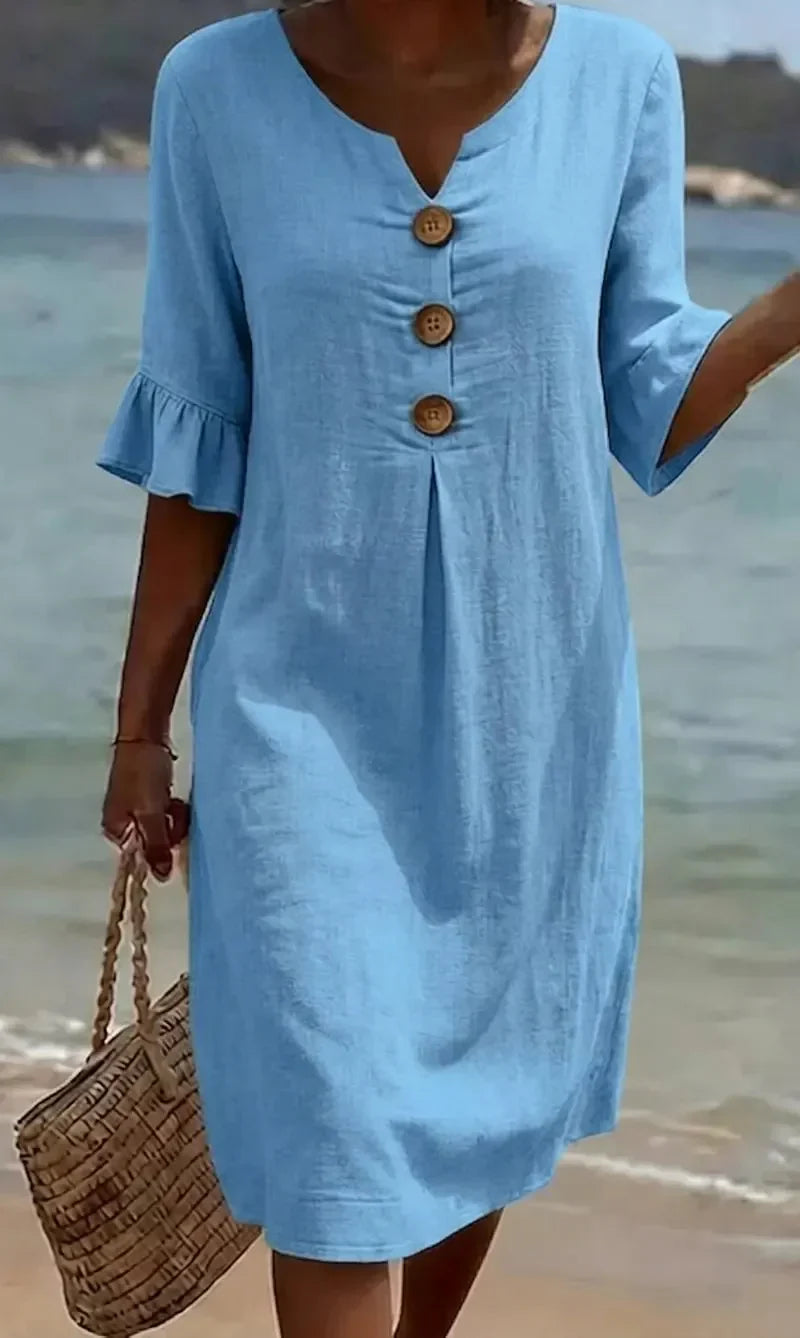 Robe Courte Femme Boutons Décoratifs Manches Volantées