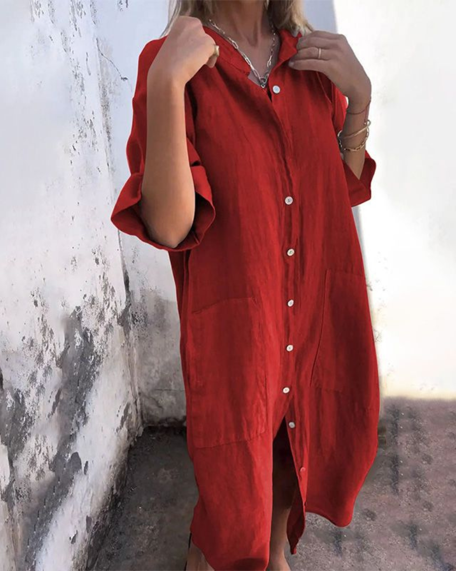 Robe Chemise Longue Boutonnée Femme Décontractée