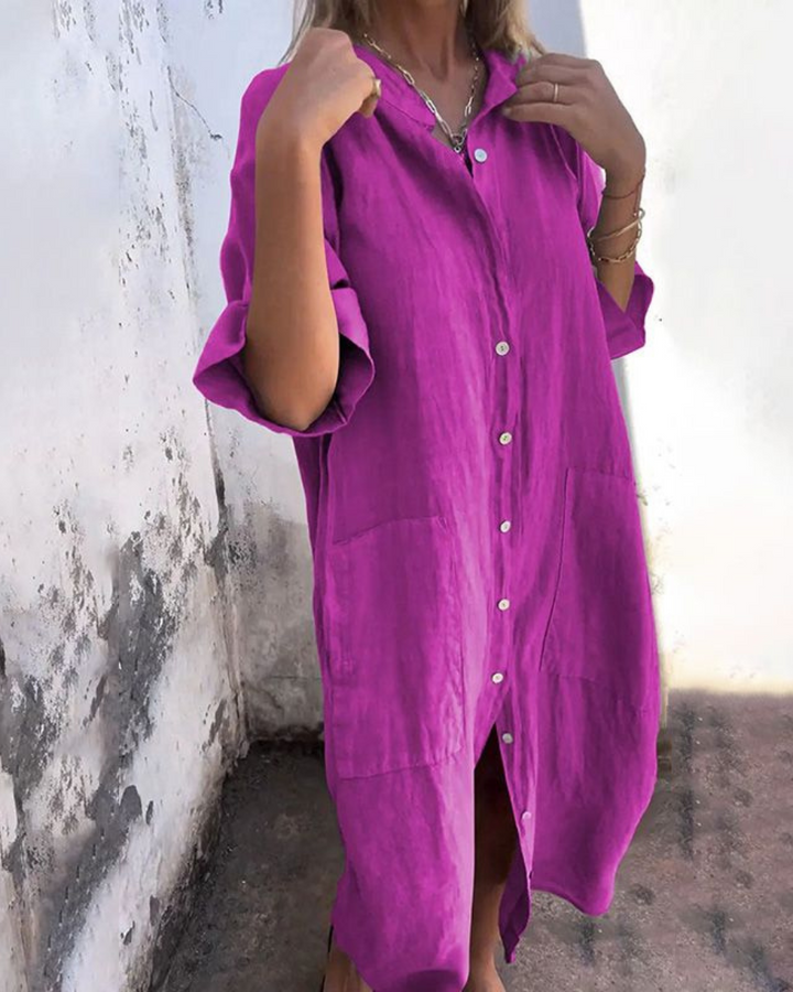 Robe Chemise Longue Boutonnée Femme Décontractée