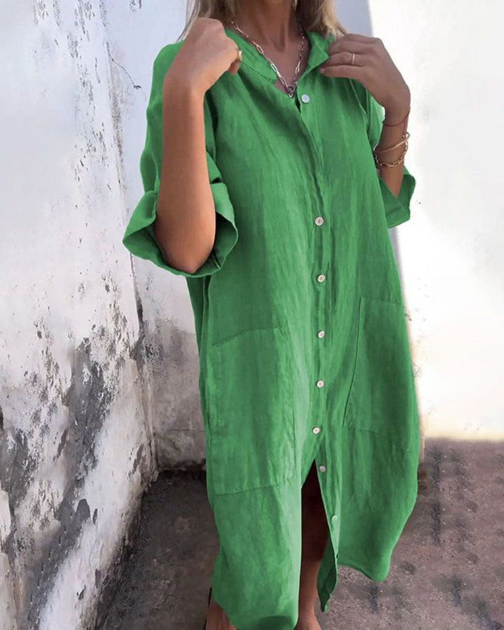 Robe Chemise Longue Boutonnée Femme Décontractée