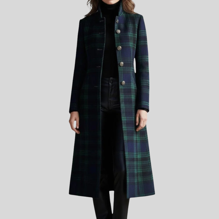Women's Long Tartan Check Coat with Front Button Closure