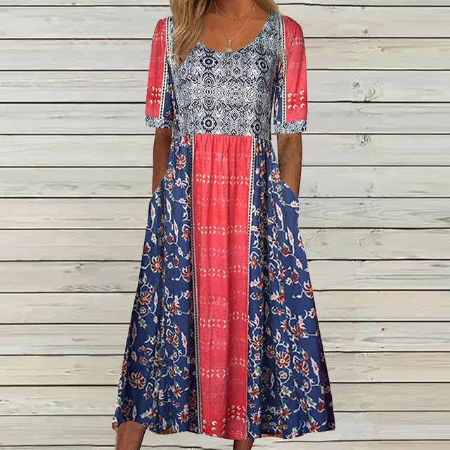 Robe Midi Bohème Imprimée Femme Manches Mi-Longues