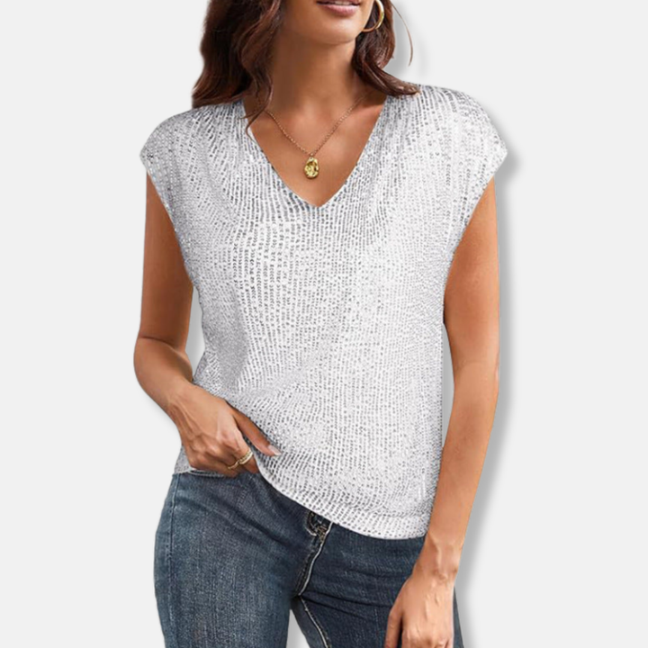 Top Pailleté Col V Femme Manches Courtes