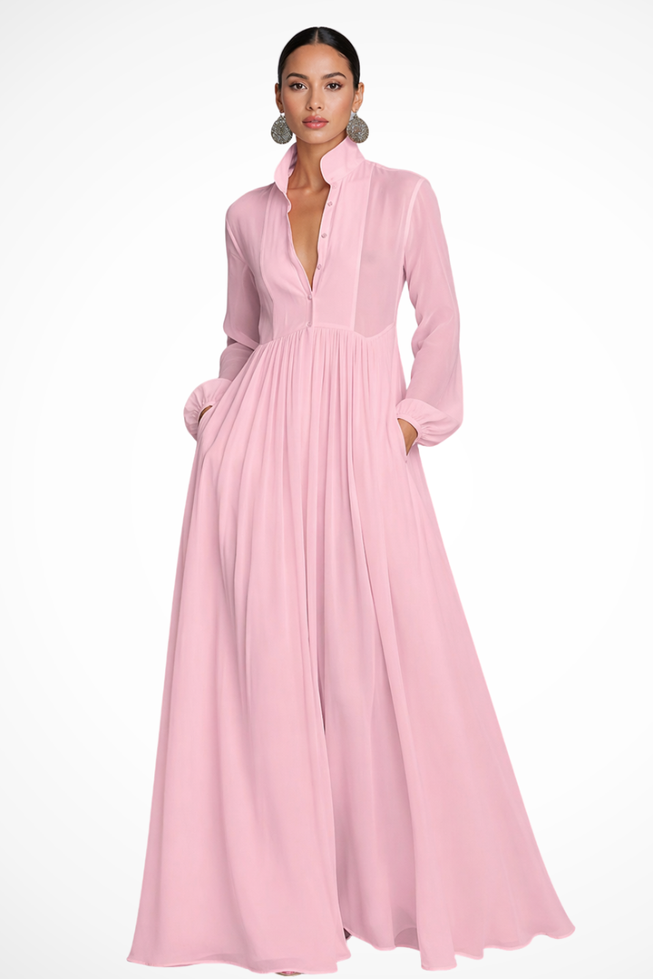 Robe Longue Boutonnée Femme Manches Longues Poches