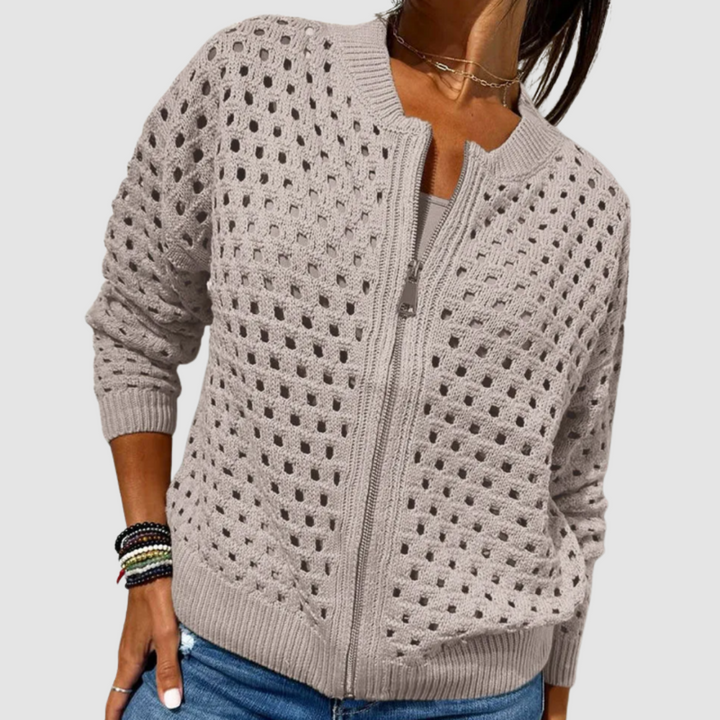 Cardigan Zippé en Maille Ajourée Pour Femme