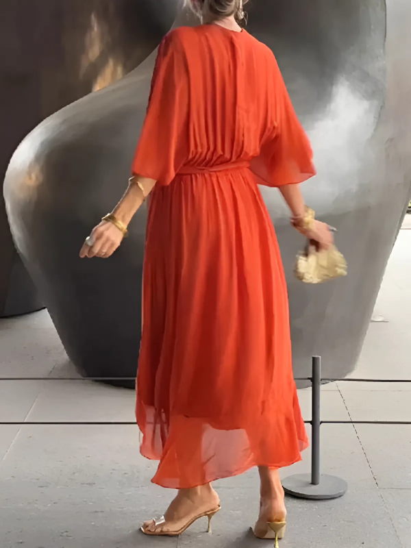 Robe Midi Fluide Femme Col V Taille Ceinturée
