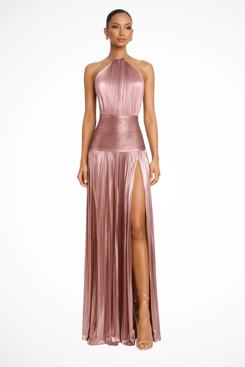 Robe Longue Satin Femme Col Halter Plissée