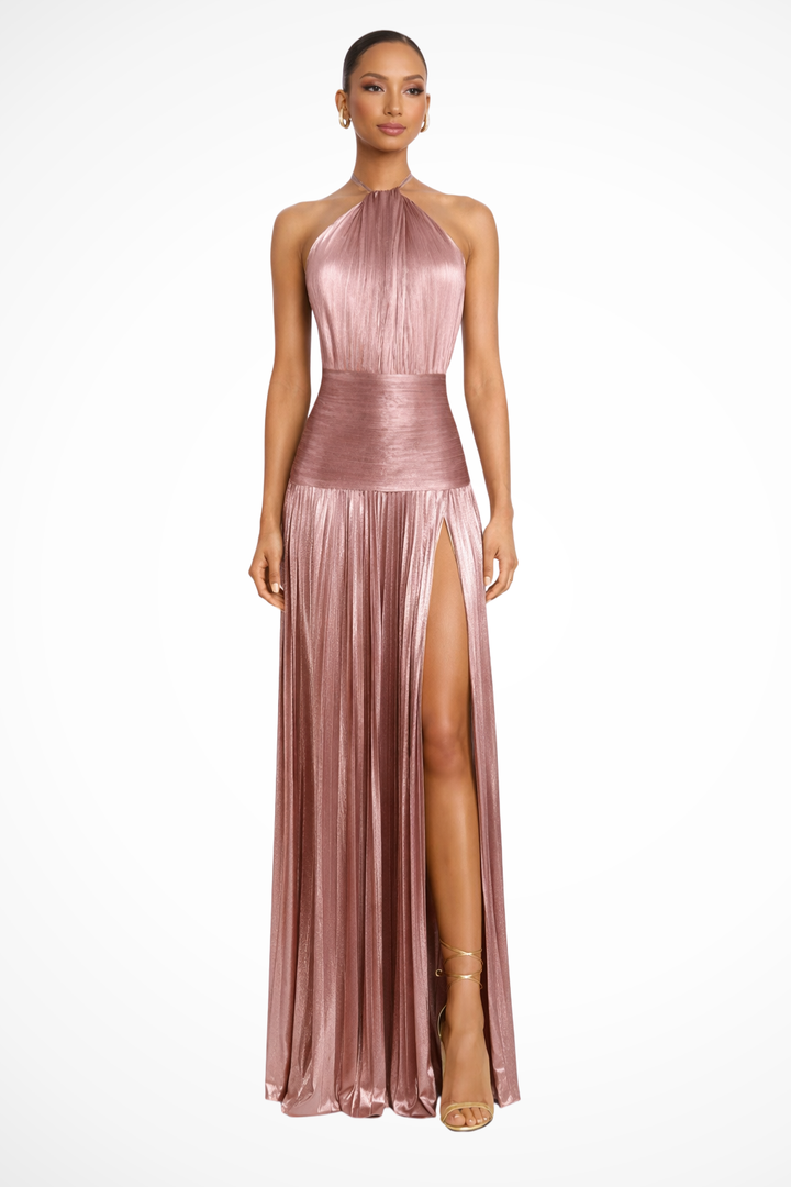 Robe Longue Satin Femme Col Halter Plissée