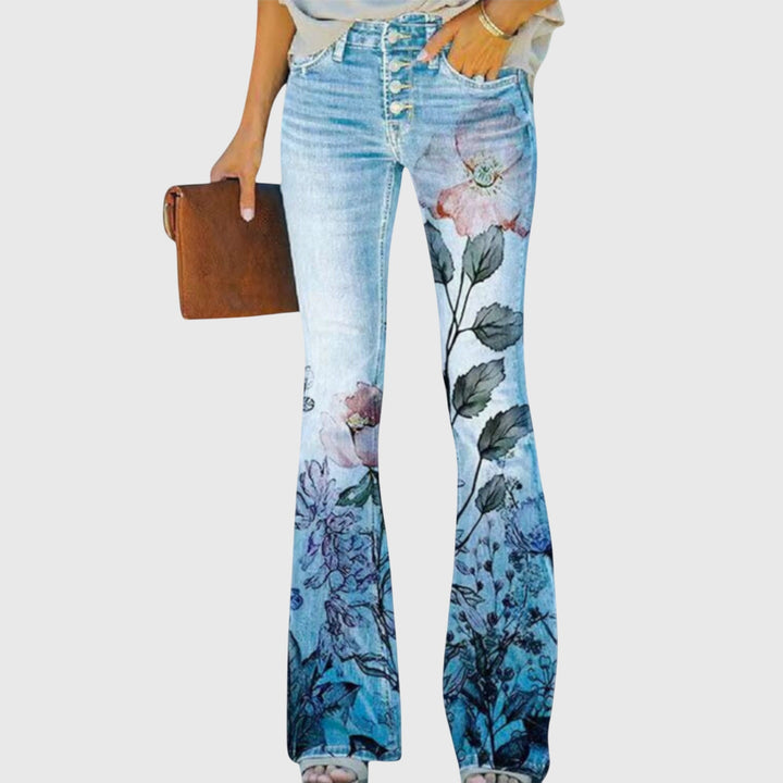 Flared jeans til dame med blomstermønster