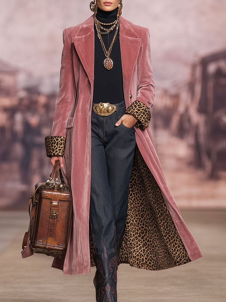 Manteau Long Doublé en Velours Pour Femme à Motif Léopard