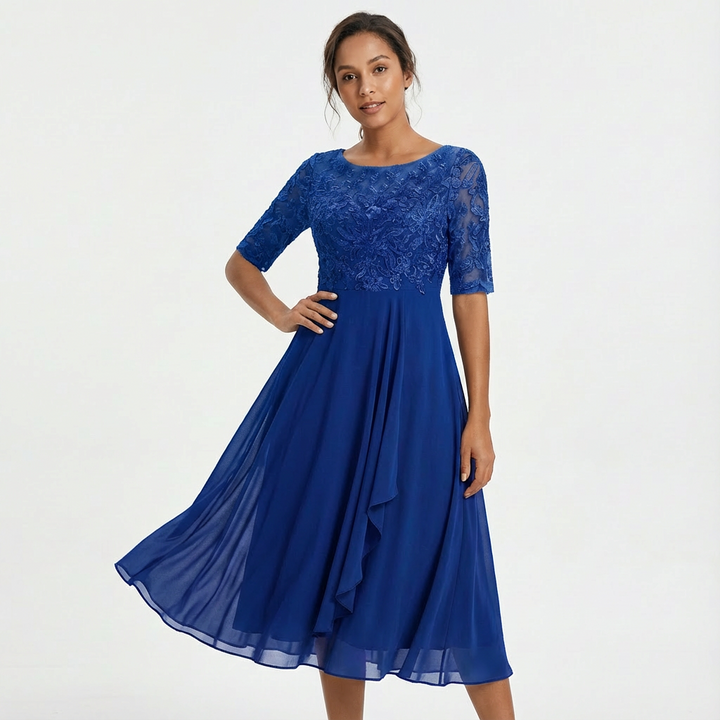 Robe Midi Dentelle Femme Manches Mi-Longues Cérémonie